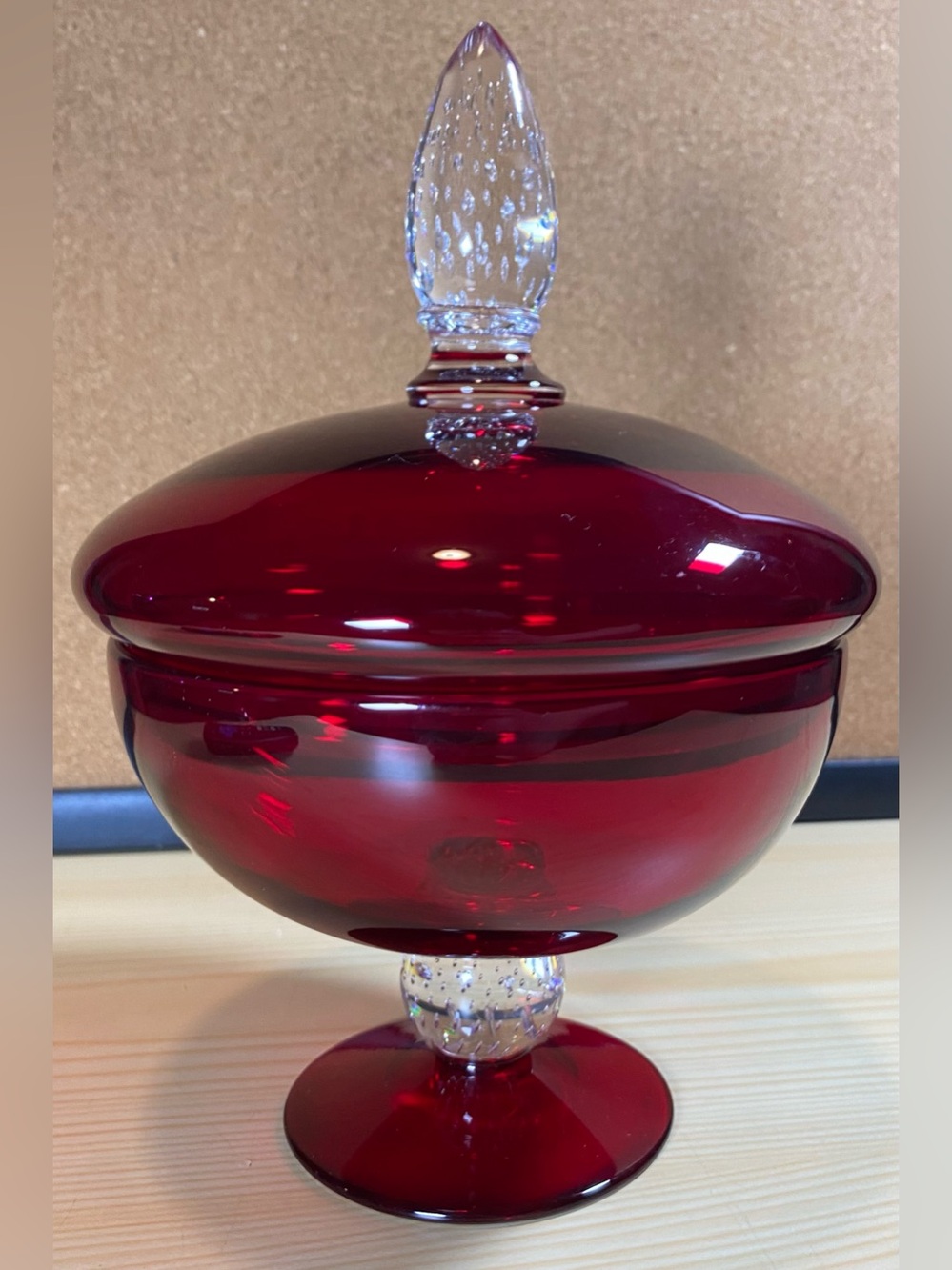 Pairpoint Controlled Bubbles Covered 2-Piece Candy Dish Red Clear Glass Vintage